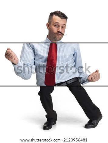 Collage. Businessman in a suit making dancing movements isolated over white background. Cropped body parts. Concept of career, professional growth, achievement, money, work. Copy space for ad