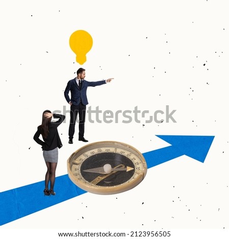 Contemporary art collage. Businessman, leader directing young employee the right way to success. Choosing correct business strategy. Concept of career, assistance, cooperation, successful deal