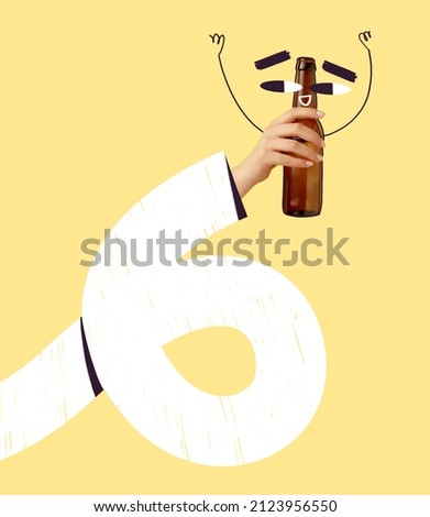 Contemporary art collage. Male hand holding beer bootle with funny cartoon face doodles isolated on yellow background. Concept of festival, holiday, party, alcohol drinks, Oktoberfest design
