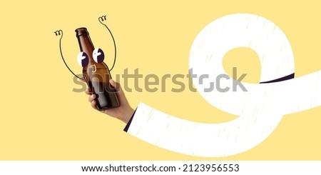 Creative design. Contemporary art collage. Male hand holding beer bootle with drawn cartoon eyes isolated on yellow background. Concept of festival, holiday, party, alcohol drinks, Oktoberfest design