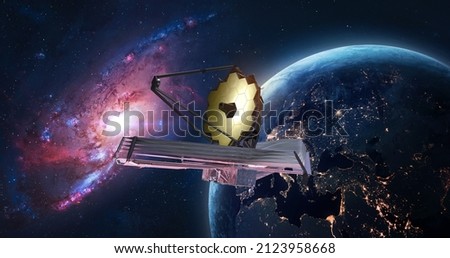 JWST in space near Earth. James Webb telescope far galaxies and planets explore. Sci-fi space collage. Astronomy science. Elements of this image furnished by NASA  Royalty-Free Stock Photo #2123958668