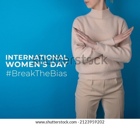 Break the bias symbol of woman's international day. Crossed hands. Woman arms crossed to show solidarity, breaking stereotypes, inequality  Royalty-Free Stock Photo #2123959202