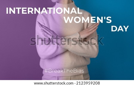 Break the bias symbol of woman's international day. Crossed hands. Woman arms crossed to show solidarity, breaking stereotypes, inequality  Royalty-Free Stock Photo #2123959208