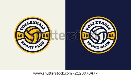 Volleyball Team Sport colorful vintage logo. Blue and yellow emblem. Retro ball Logo on light and dark blue background