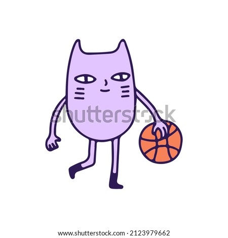 Purple cute cat and basketball, illustration for t-shirt, sticker, or apparel merchandise. With doodle, retro, and cartoon style.