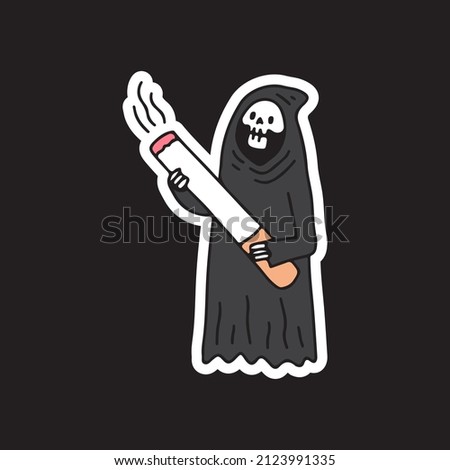 Grim reaper skull and cigarette, illustration for t-shirt, sticker, or apparel merchandise. With doodle, retro, and cartoon style.