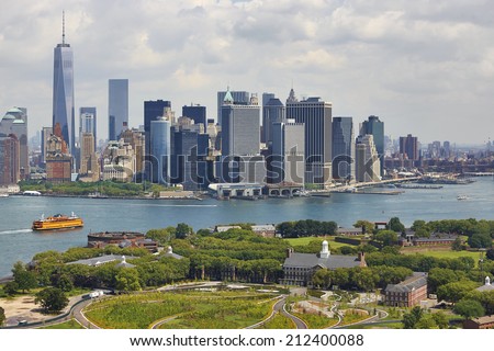 Aerial view of  Manhattan and Governors Island, New York City, U.S.A. 