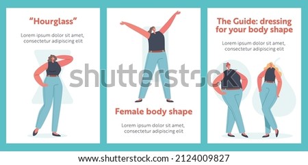 Women Body Figure Types Cartoon Banners, Female Characters Hourglass, Round, Rectangle and Pear Shapes, Girls Posing in Blue Jeans and Black Top, Dressing Guide. Vector Illustration, Posters Set