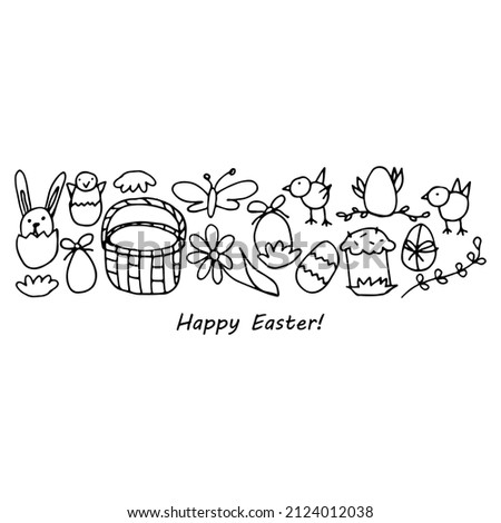 easter print with hand drawn outline elements and lettering happy easter