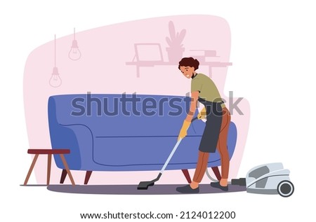 Young Woman Doing Domestic Work, Cleaning Floor Carpet under Sofa with Vacuum Cleaner. Household Vacuuming Home Activity, Girl Washing Living Room, Routine, Weekend Chores. Cartoon Vector Illustration Royalty-Free Stock Photo #2124012200