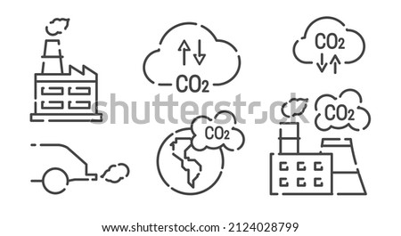 CO2, carbon dioxide emissions, vector line icon set. Factory, car exhaust, planet earth, cloud. Flat illustration isolated on white background.