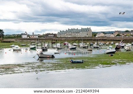 Barfleur in Normandy, the harbor, with traditional houses in background