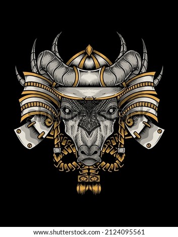 illustration bull head with samurai helmet