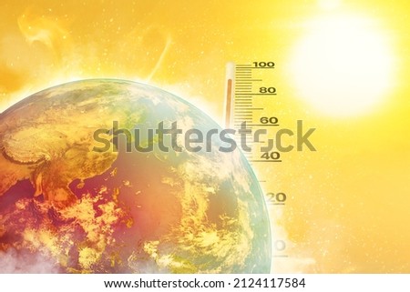 Earth, heat wave, Sun and high temperature environment with weather thermometer. Climate change, Hot climate, Extreme weather concept. Elements of this image furnished by NASA Royalty-Free Stock Photo #2124117584