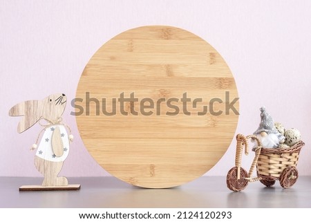 Wood round sign easter mockup with wood bunny and easter eggs on white background, cottagecore aesthetic.