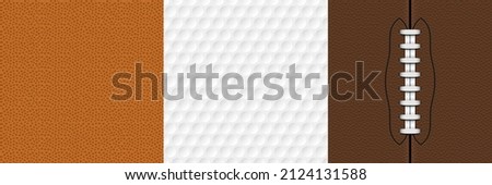 Textures of sport american football, golf and basket balls. Vector realistic set of seamless patterns of pigskin leather with laces and black lines. White background with round dimples