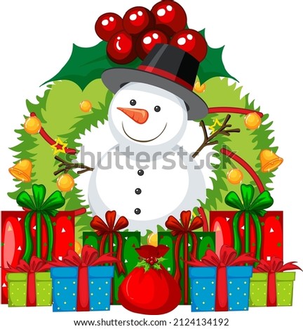 A snowman on Christmas wreath with many gift boxes illustration