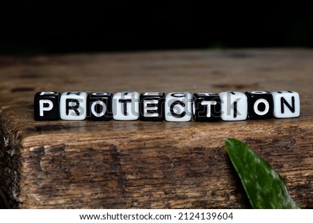 The mote block alphabet is arranged to write "protection".