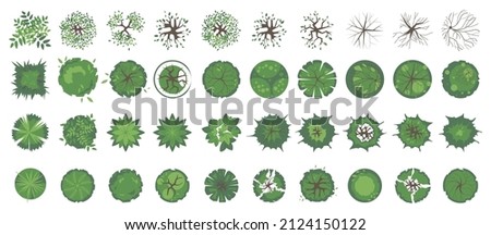 Trees and plants top view. Icon set of colored trees and grass for architectural and landscape design. Green spaces. Element isolated on white. Vector illustration. Element for design project Royalty-Free Stock Photo #2124150122