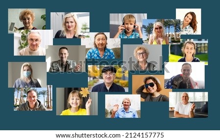 Webcam pc screen view during group video call, many faces diverse colleagues participating in on-line meeting led by mature 50s businesslady, e-coaching, video conferencing, worldwide app easy usage Royalty-Free Stock Photo #2124157775