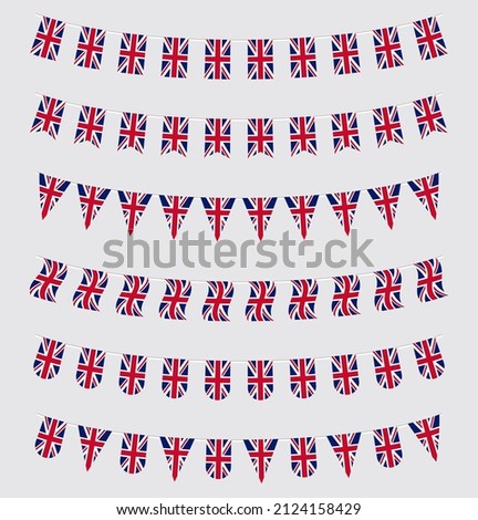 Union Jack bunting set with UK flags. United Kingdom flags garland. Royalty-Free Stock Photo #2124158429