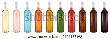 A set of wine bottles in different colors without a label with a screw cap. Isolated on a white background, suitable for mockups. Royalty-Free Stock Photo #2124187892