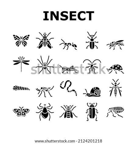 Insect, Spider And Bug Wildlife Icons Set Vector. Dragonfly And Butterfly, Ladybug And Cockroach, Grasshopper And Bumblebee, Mosquito And Caterpillar Insect Glyph Pictograms Black Illustrations