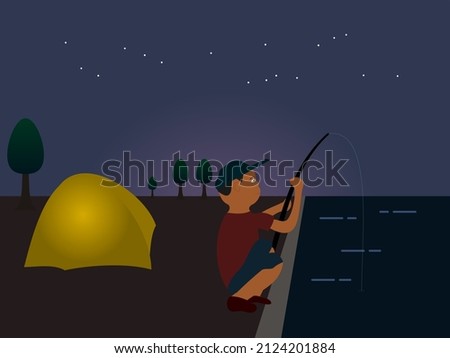 man camping and fishing at night