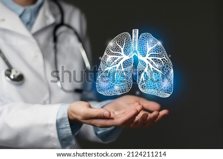 Lungs issues medical concept. Photo of female doctor, empty space.  Royalty-Free Stock Photo #2124211214
