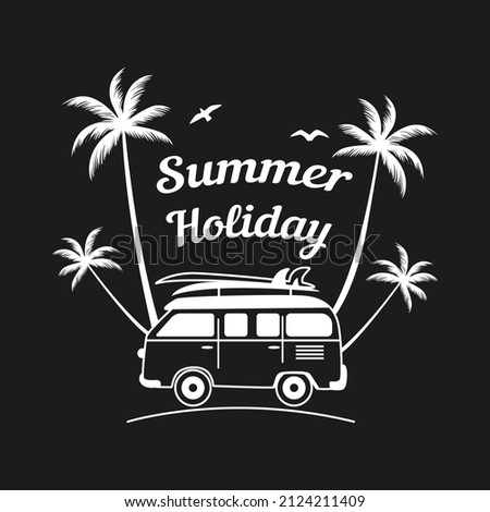 Badge with palm trees, SUMMER HOLIDAY lettering and a surfing car. Outline vector illustration for t-shirt prints, posters and other uses.