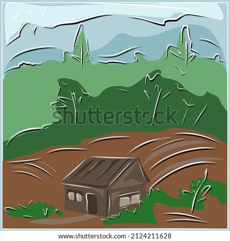 Landscape of a rural area. Nature, trees, ecology. Postcard, desktop wallpaper, picture on the wall. Vector image.
