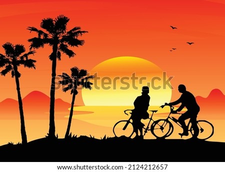 You can use Silhouettes of a man and a woman riding bikes, palm trees and a hill to design banner, background, poster,...etc.