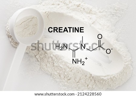Closeup of scoop with creatine monohydrate supplement and chemical formula Royalty-Free Stock Photo #2124228560
