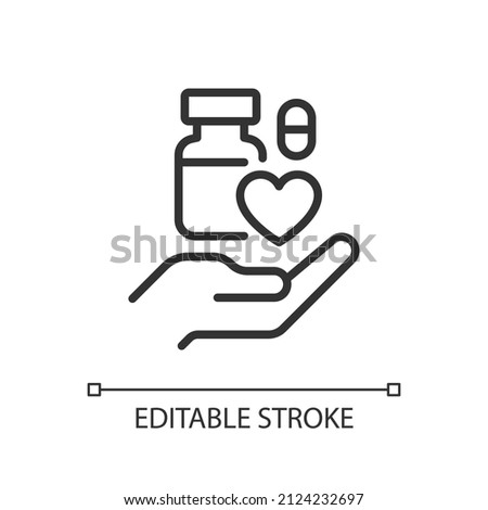 Medical donation pixel perfect linear icon. Unused medicine disposal. Donating returned drugs. Thin line illustration. Contour symbol. Vector outline drawing. Editable stroke. Arial font used Royalty-Free Stock Photo #2124232697