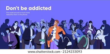 Addicted mobile phone users and person standing out from slaves crowd. Man getting free from smartphone, gadget, internet, social media addiction. Online vs offline concept. Flat vector illustration Royalty-Free Stock Photo #2124233093
