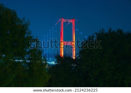 Bosphorus Bridge at night from Nakkastepe. Selective focus on bridge. Noise included. Istanbul background photo.