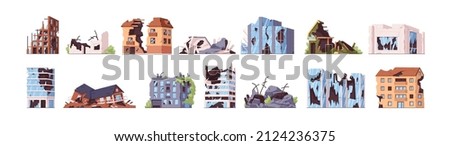 Broken ruined buildings, houses set. Damaged destroyed constructions with debris and cracks. Destruction of property, structures in catastrophe. Flat vector illustrations isolated on white background