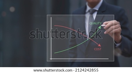Cost and quality control, business strategy and project management concept. Businessman working on virtual screen with quality control growth graph and cost reduction, effective business Royalty-Free Stock Photo #2124242855