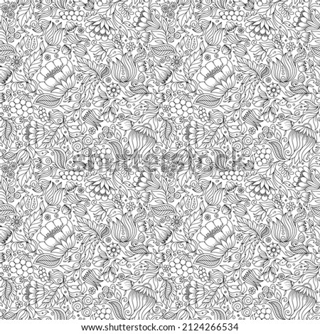  Seamless Monochrome Floral Pattern. Hand Drawn Floral Texture, Decorative Flowers, Coloring Book