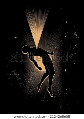Human body and soul or wisdom or religion concept. State of enlightenment. Man meets eternal. Psychic mind power of meditation. Vector illustration. Royalty-Free Stock Photo #2124268658