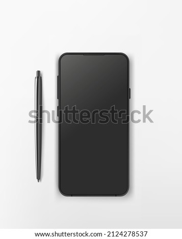 Modern tablet computer with black blank screen and black pen. Flat lay 3d vector illustration with clipping path