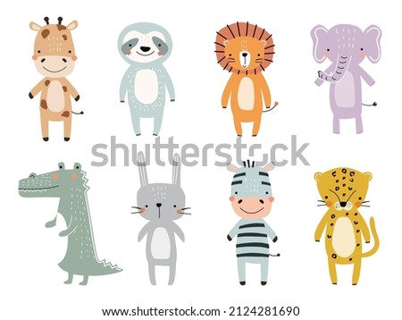 Set of cute designer animals on white background. Vector illustration for printing on fabric, postcard, wrapping paper, book, picture, Wallpaper. Cute baby background