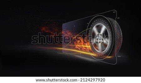 strong auto tires modern diagnosis. Burning car tire at high speed Royalty-Free Stock Photo #2124297920