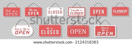 Hanging signboard of closed shop for mobile and web. Label with text in flat style. Signboard for office, cafe, retail market. Come in, we're open retail or store sign for websites and print. Vector.
