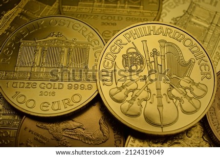 Wiener Philharmoniker Gold Coin 1 oz, Vienna Philharmonic, Investment gold coin, 100 euro, Austria Royalty-Free Stock Photo #2124319049