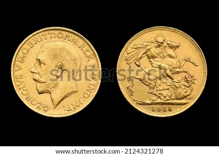 Sovereign Gold Coin George V, Georgivs V, 1911, obverse, reverse United Kingdom, St George Dragon Royalty-Free Stock Photo #2124321278