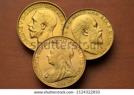 3 different Sovereign Gold Coins, Queen Victoria, King Edward, King George, obverse, United Kingdom, Great Britain, Royalty-Free Stock Photo #2124322850