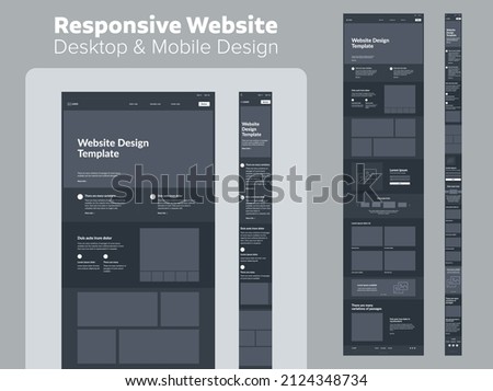 Website design dark theme. Desktop and mobile landing page. Royalty-Free Stock Photo #2124348734