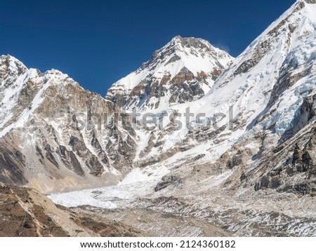 Glacier between snow peaks and central view to Everest in Nepal