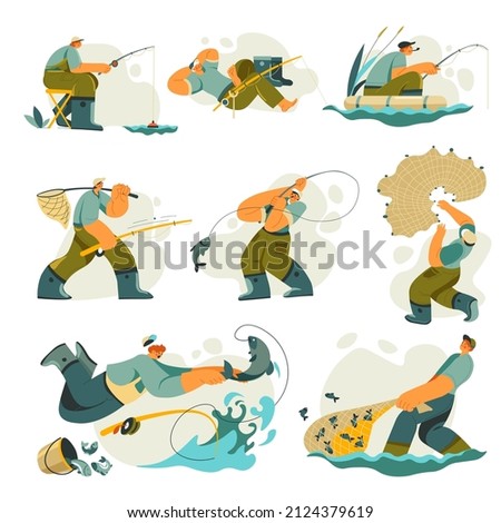 Male character sitting in boat, lake or river, pond or sea. Hobby of man with fishing rod and net catching fish from water. Summer vacation or recreation of guy in special clothes. Vector in flat
